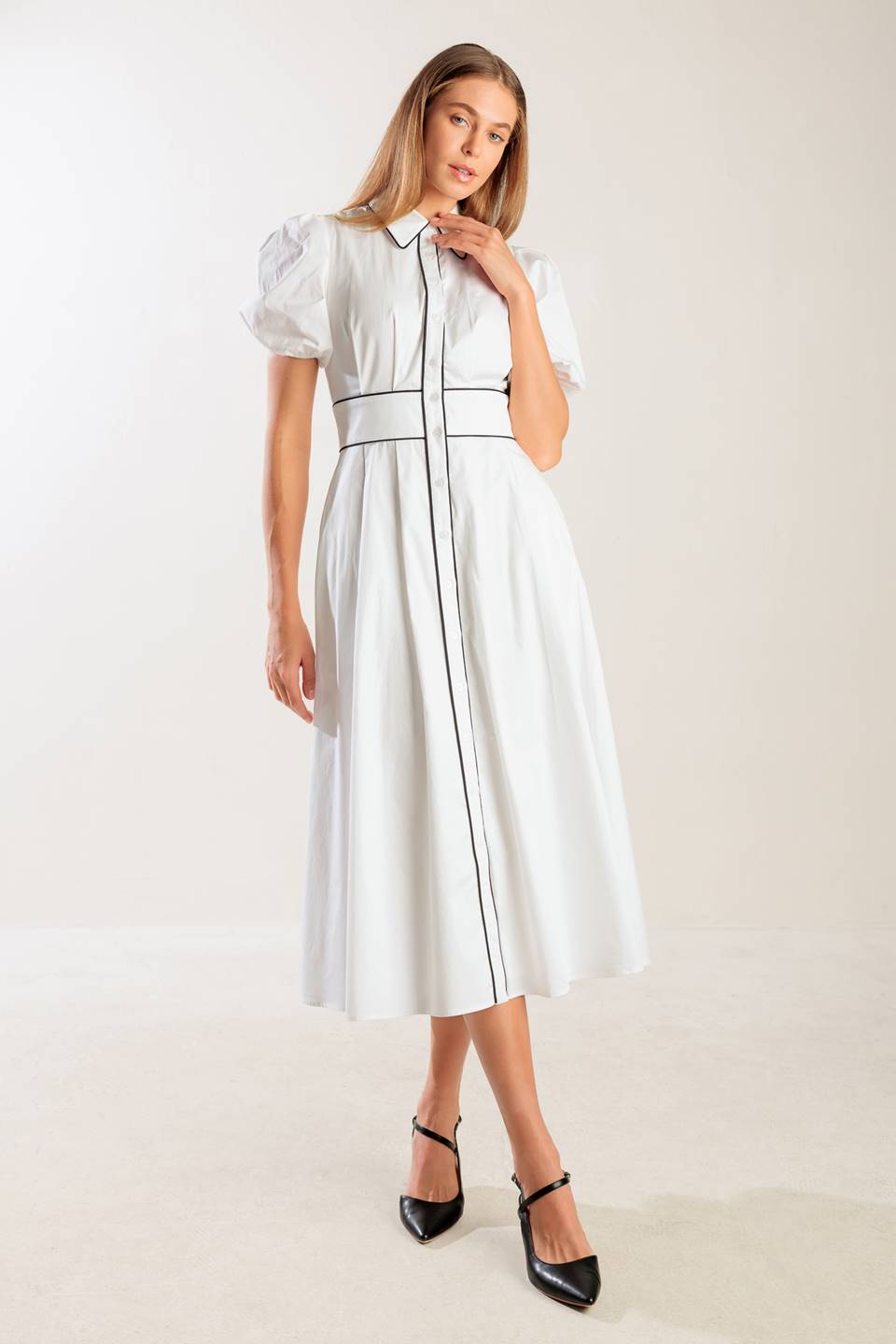 VINTAGE VIBES PUFF SLEEVE MIDI DRESS - WHITE