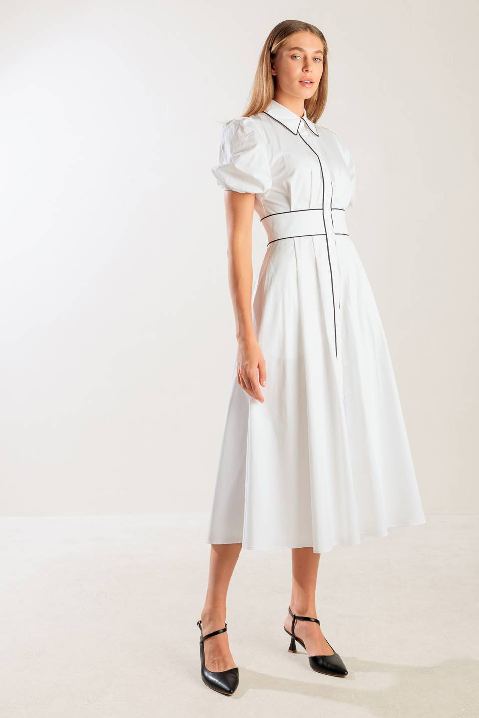 VINTAGE VIBES PUFF SLEEVE MIDI DRESS - WHITE