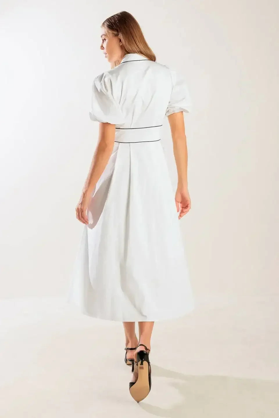 VINTAGE VIBES PUFF SLEEVE MIDI DRESS - WHITE