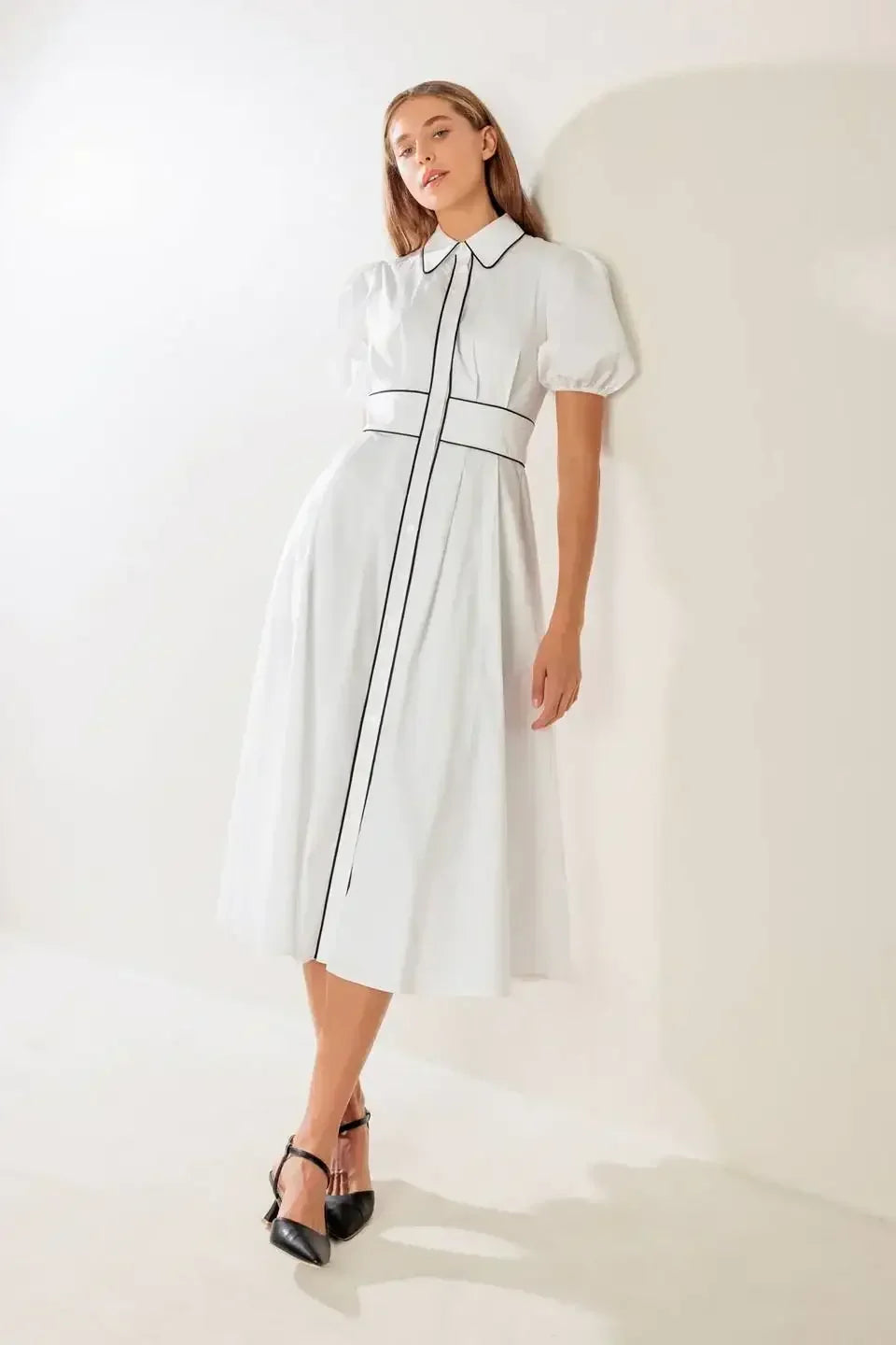 VINTAGE VIBES PUFF SLEEVE MIDI DRESS - WHITE