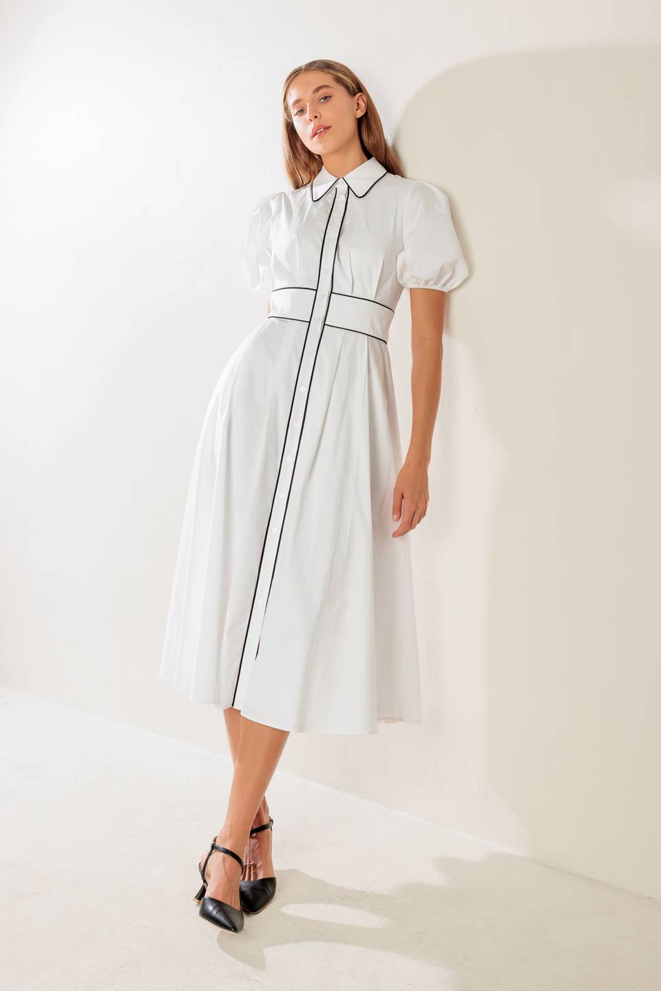 VINTAGE VIBES PUFF SLEEVE MIDI DRESS - WHITE