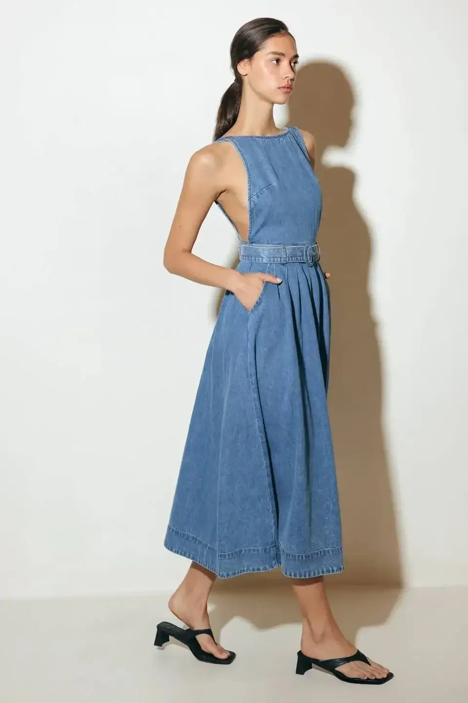 EFFORTLESS EDGE - OPEN BACK DENIM MIDI DRESS