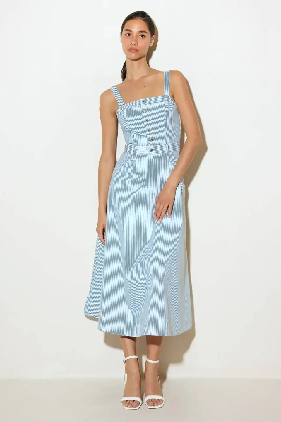 CAREFREE DAYS - BLUE PINSTRIPE MIDI DRESS