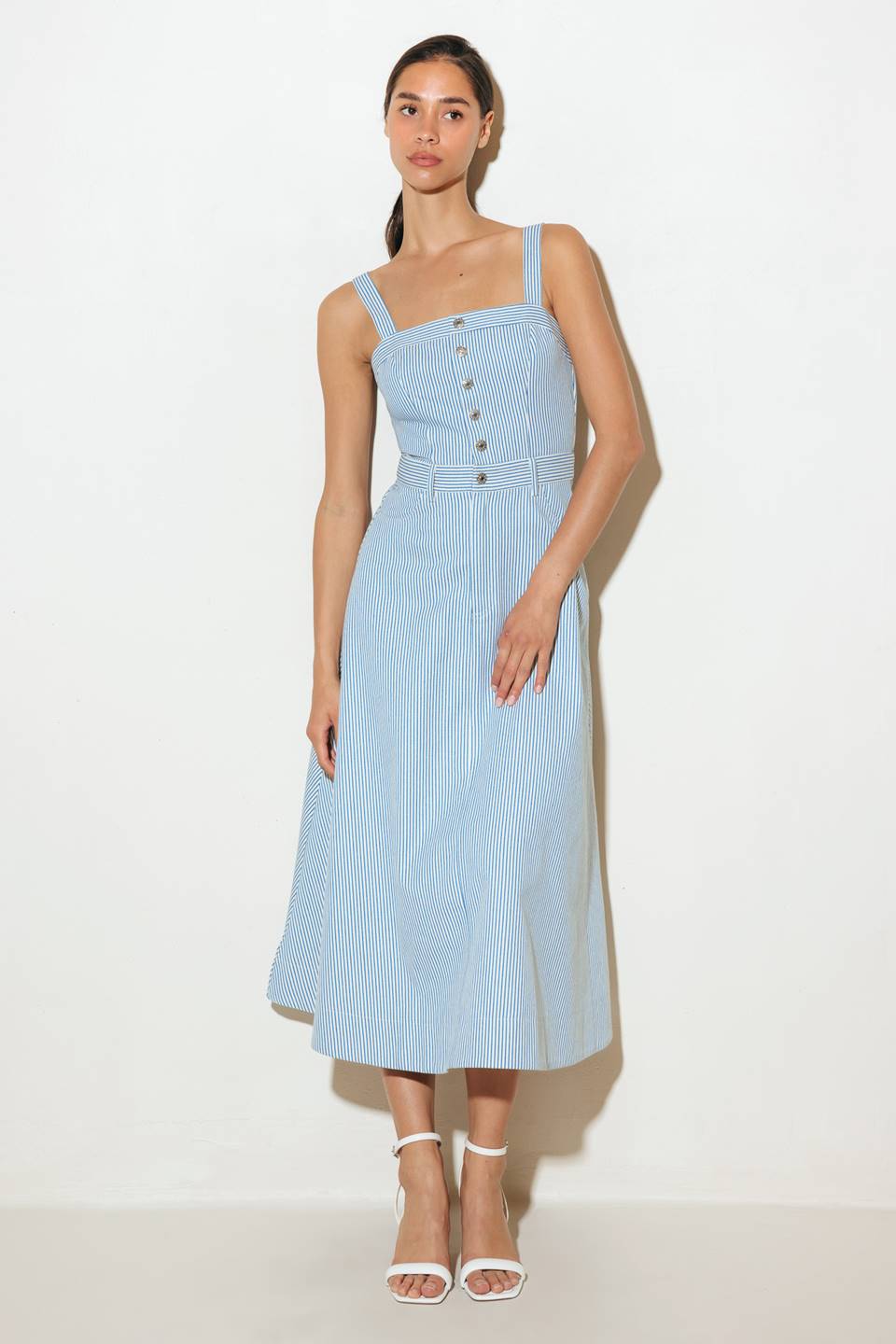 CAREFREE DAYS - BLUE PINSTRIPE MIDI DRESS
