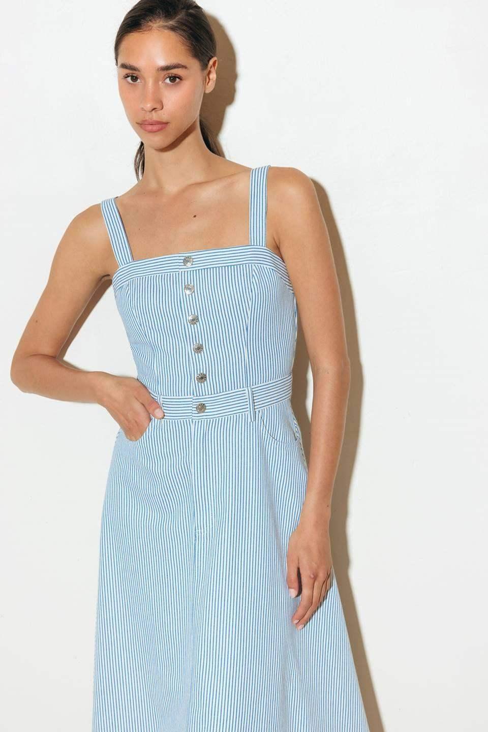 CAREFREE DAYS - BLUE PINSTRIPE MIDI DRESS