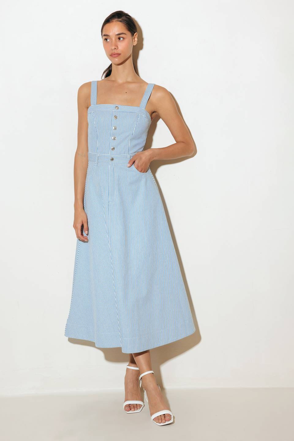 CAREFREE DAYS - BLUE PINSTRIPE MIDI DRESS