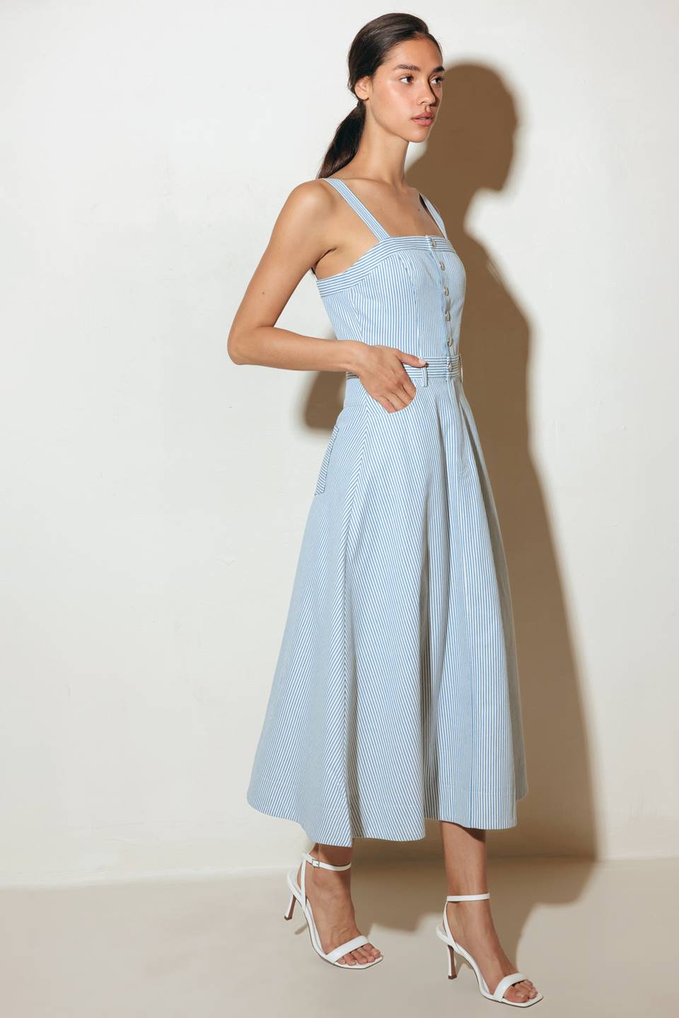 CAREFREE DAYS - BLUE PINSTRIPE MIDI DRESS