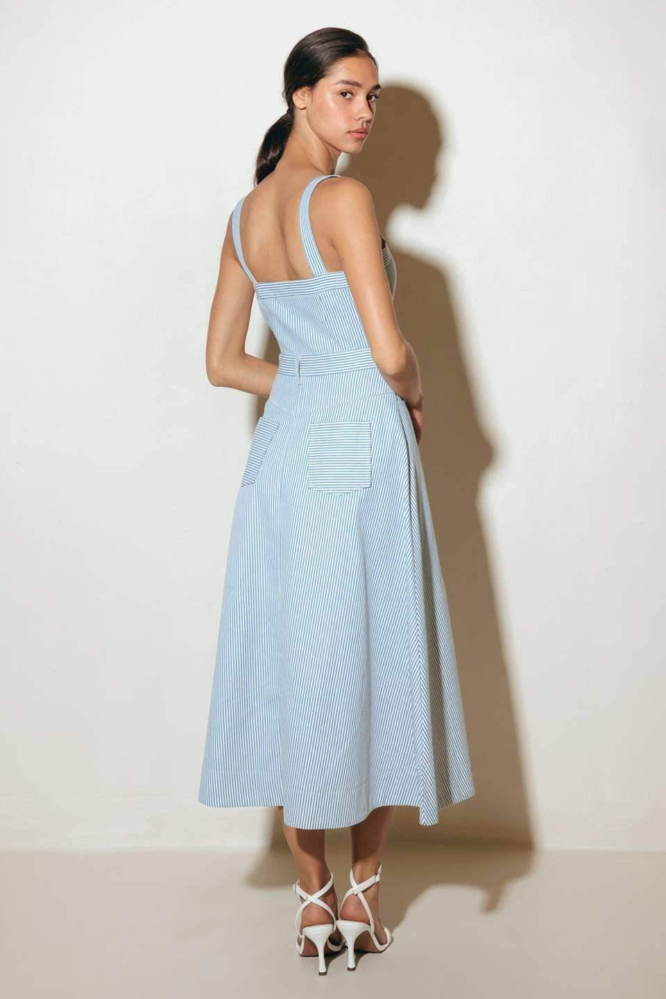 CAREFREE DAYS - BLUE PINSTRIPE MIDI DRESS