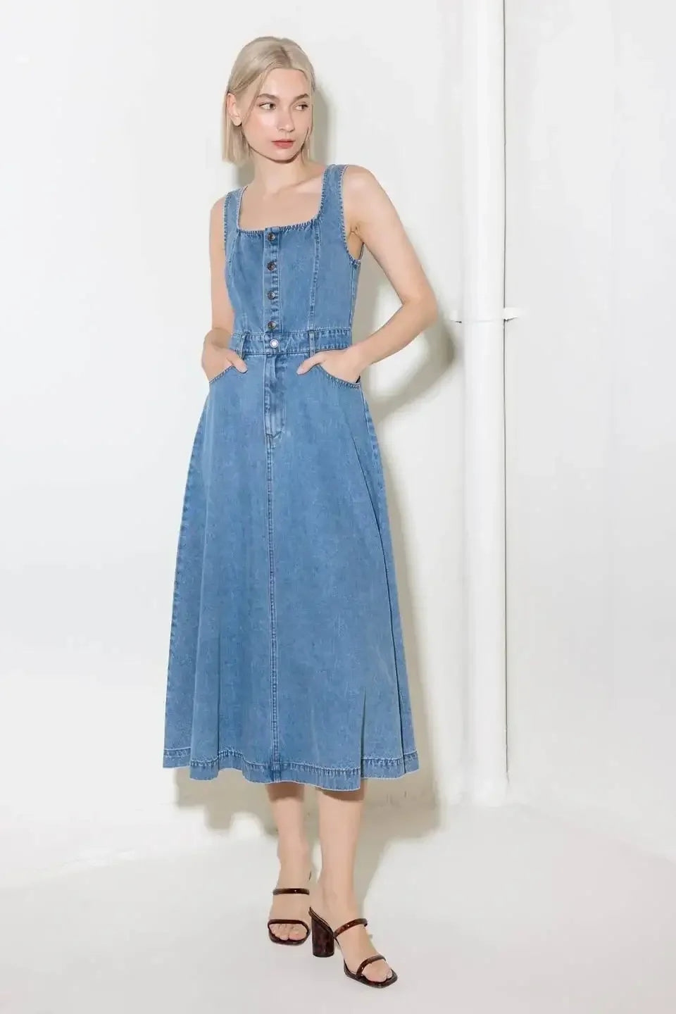SOFTLY ROMANTIC - SQUARE NECKLINE DENIM MIDI DRESS