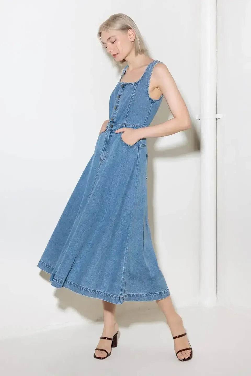 SOFTLY ROMANTIC - SQUARE NECKLINE DENIM MIDI DRESS
