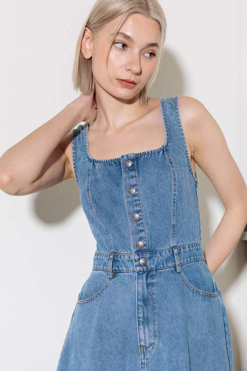 SOFTLY ROMANTIC - SQUARE NECKLINE DENIM MIDI DRESS