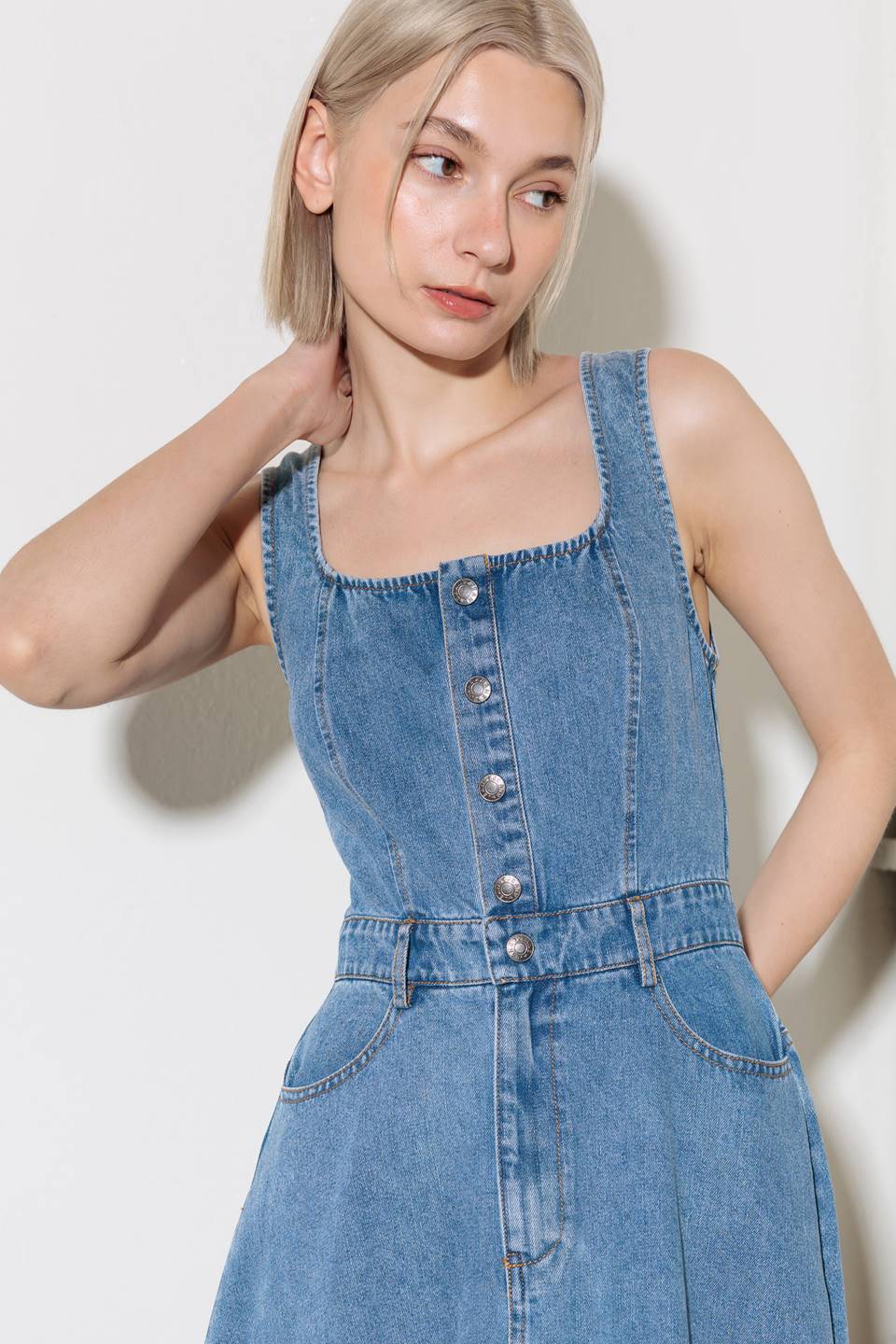 SOFTLY ROMANTIC - SQUARE NECKLINE DENIM MIDI DRESS