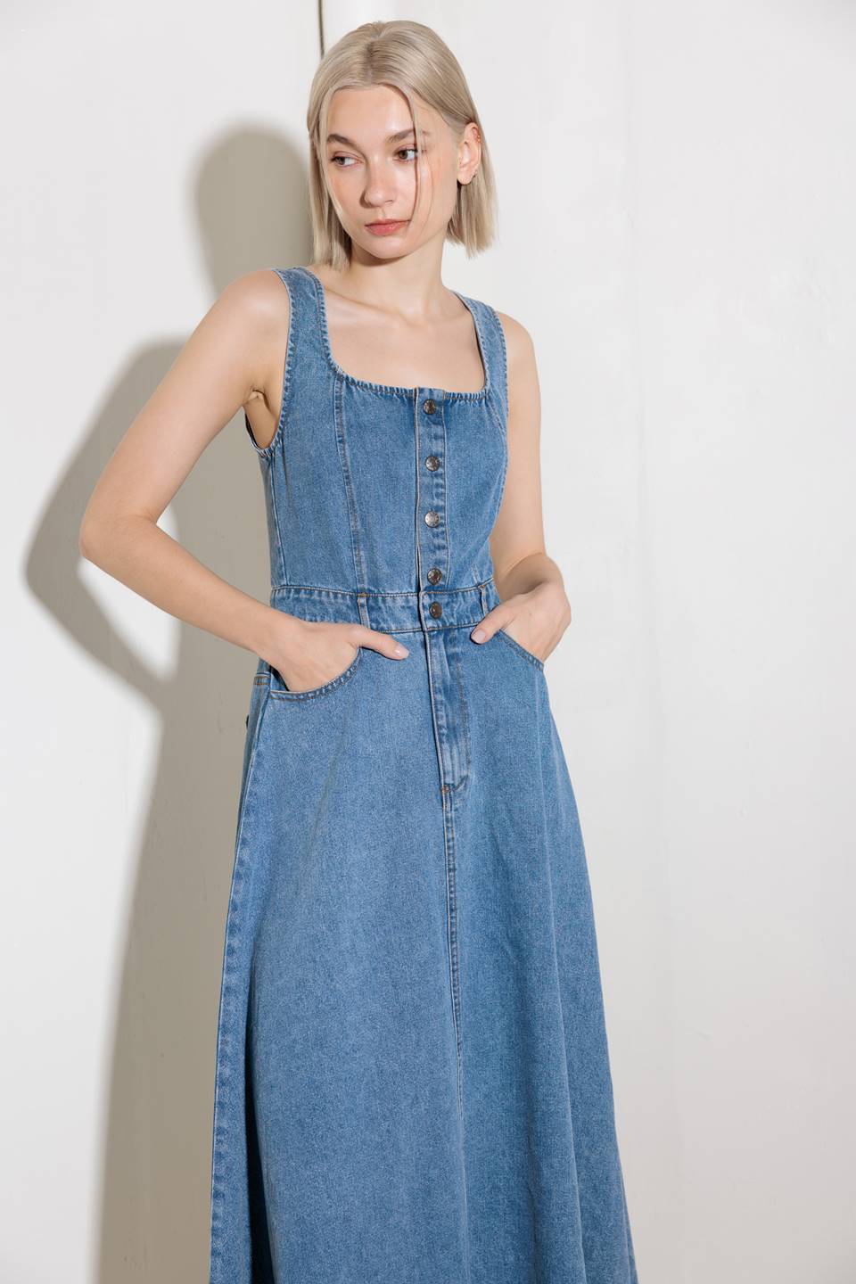SOFTLY ROMANTIC - SQUARE NECKLINE DENIM MIDI DRESS