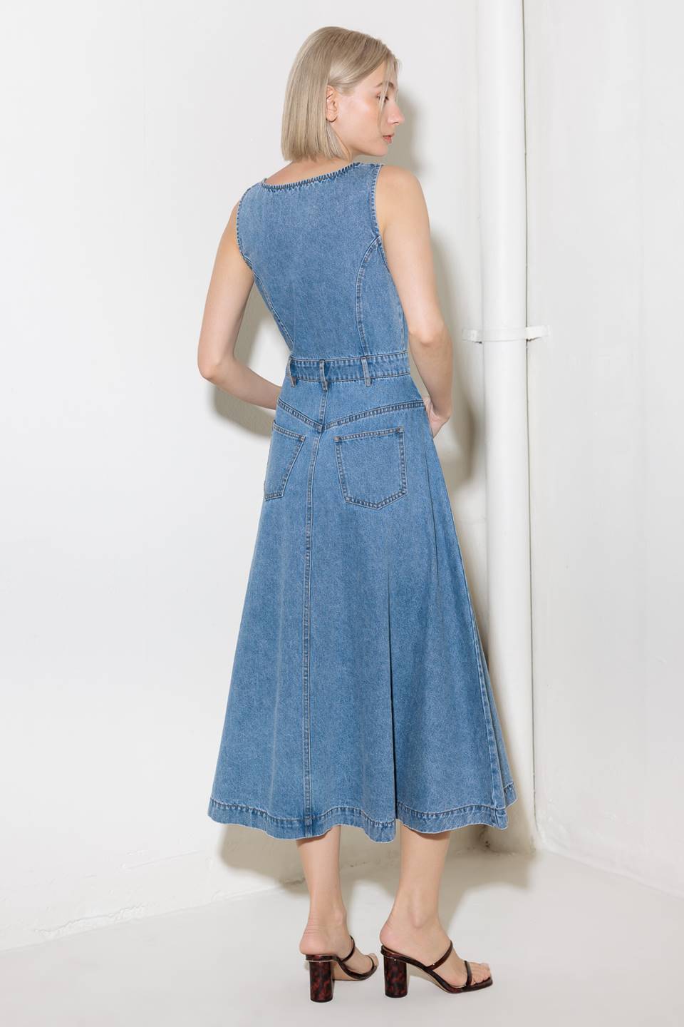 SOFTLY ROMANTIC - SQUARE NECKLINE DENIM MIDI DRESS