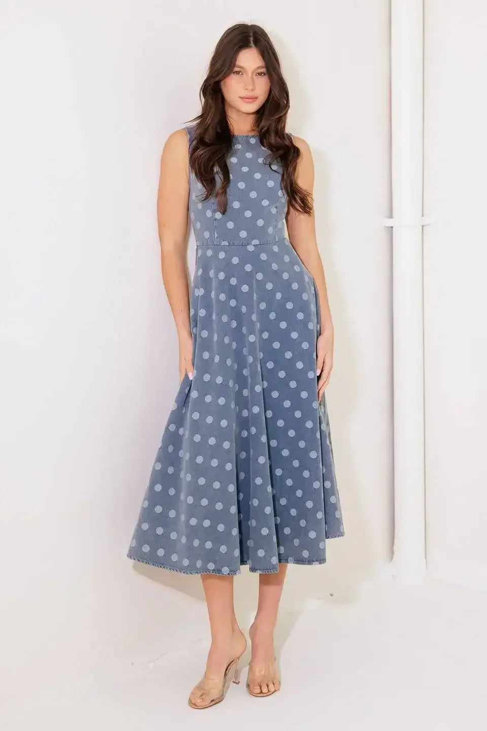 TOO SWEET - POLKA DOT DENIM MIDI DRESS