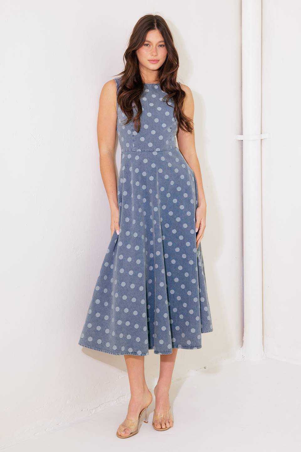 TOO SWEET - POLKA DOT DENIM MIDI DRESS