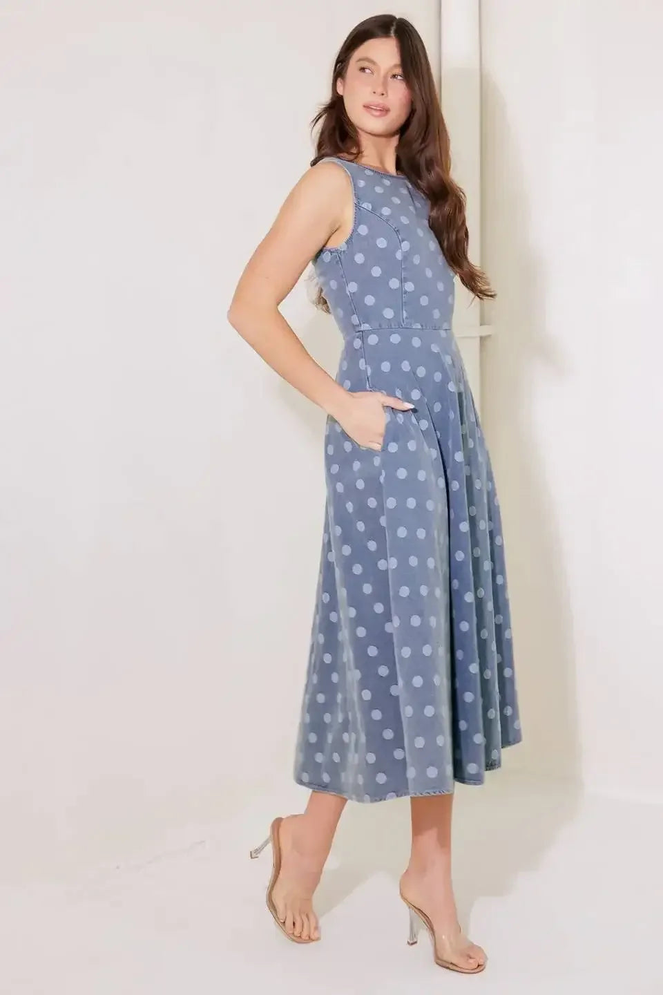 TOO SWEET - POLKA DOT DENIM MIDI DRESS