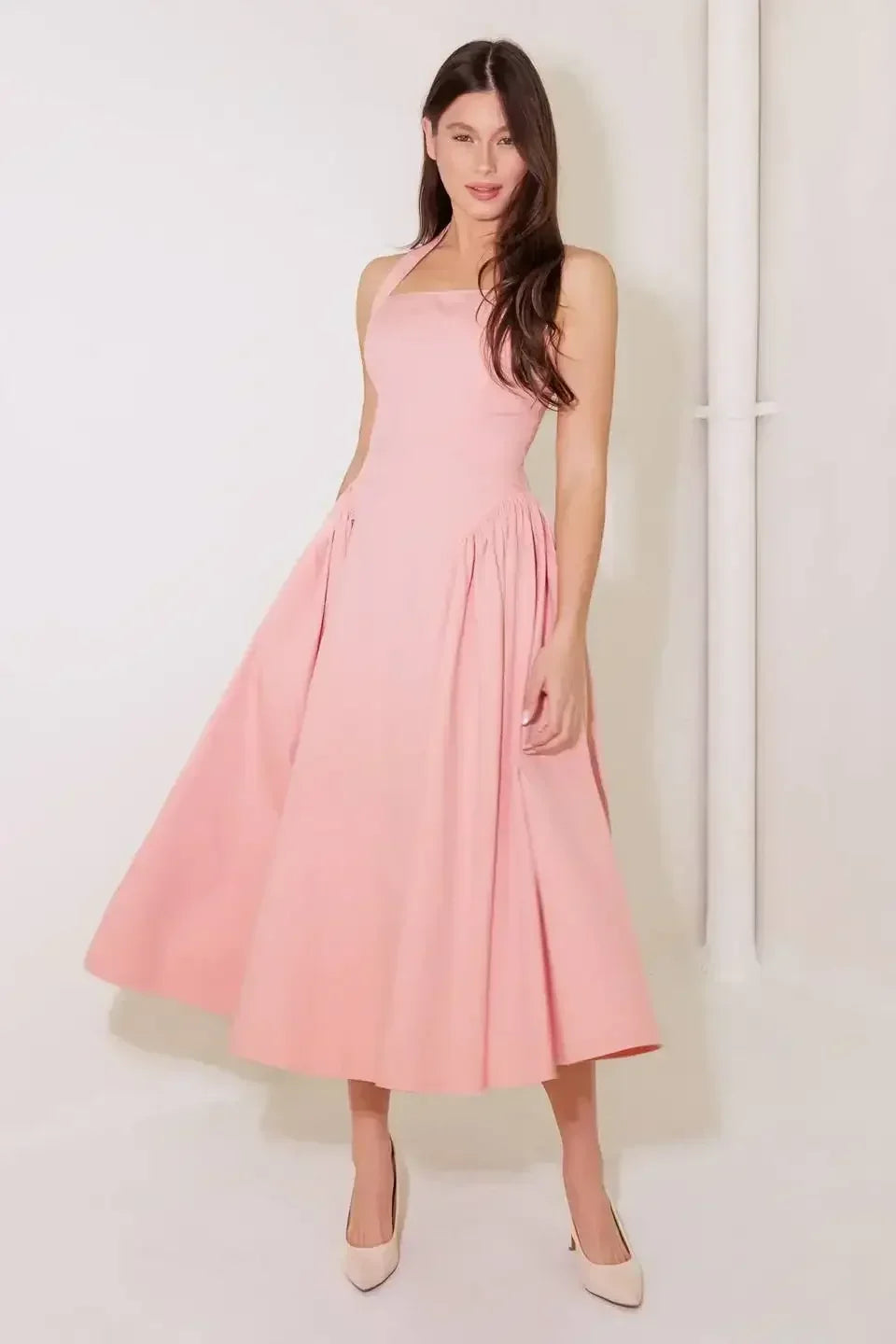 CAUGHT IN THE RAIN HALTER MIDI DRESS - SOFT PINK