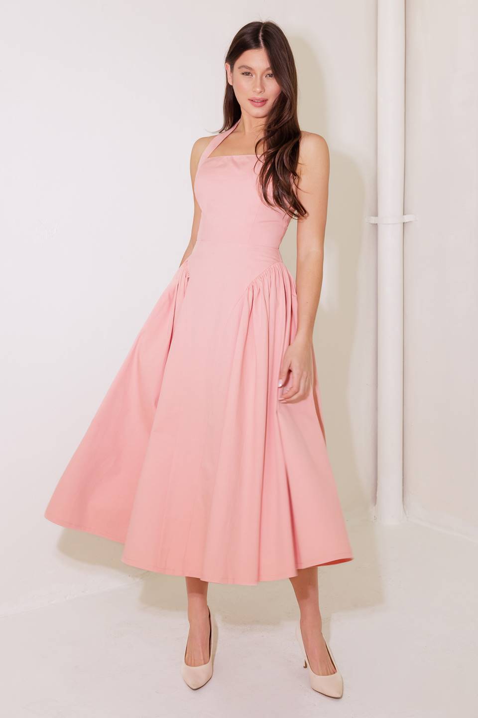 CAUGHT IN THE RAIN HALTER MIDI DRESS - SOFT PINK