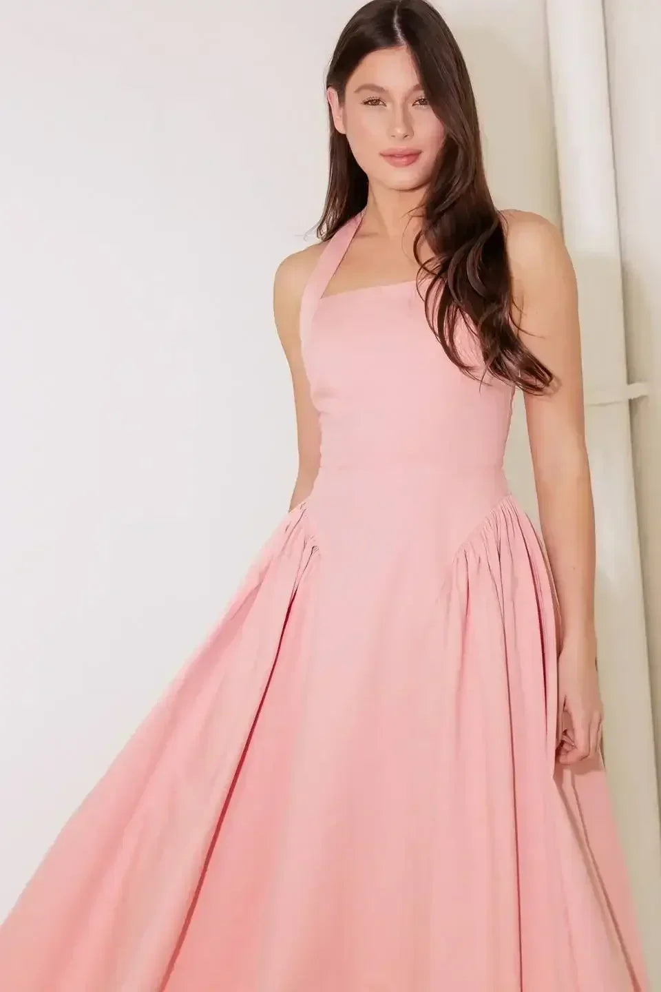 CAUGHT IN THE RAIN HALTER MIDI DRESS - SOFT PINK