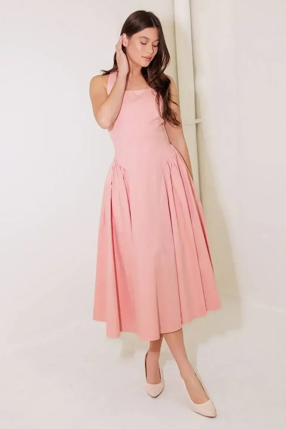 CAUGHT IN THE RAIN HALTER MIDI DRESS - SOFT PINK