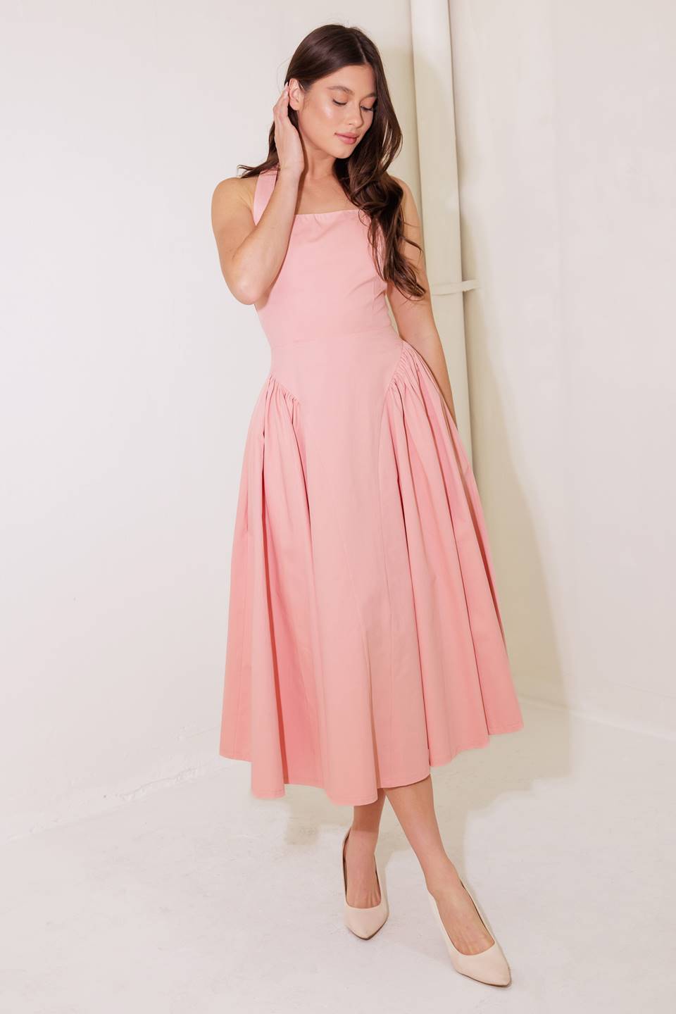 CAUGHT IN THE RAIN HALTER MIDI DRESS - SOFT PINK