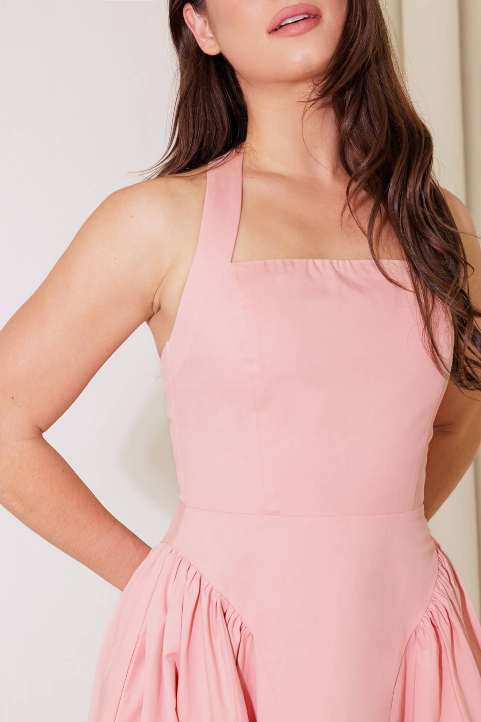 CAUGHT IN THE RAIN HALTER MIDI DRESS - SOFT PINK