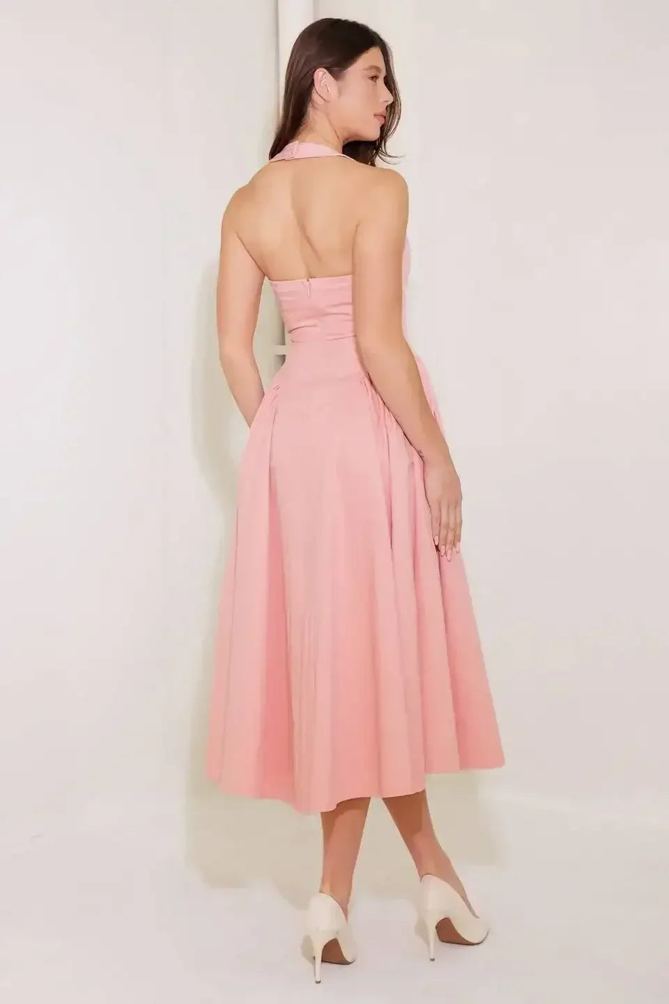CAUGHT IN THE RAIN HALTER MIDI DRESS - SOFT PINK