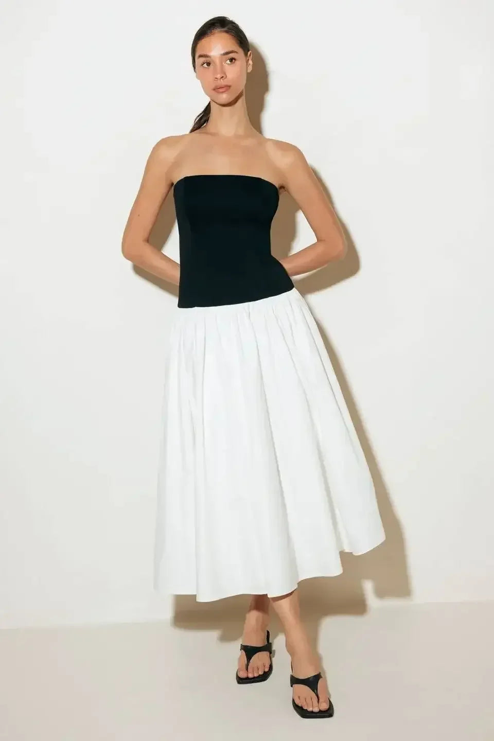 SHIFT STUDIO BLACK & WHITE STRAPLESS MIDI DRESS