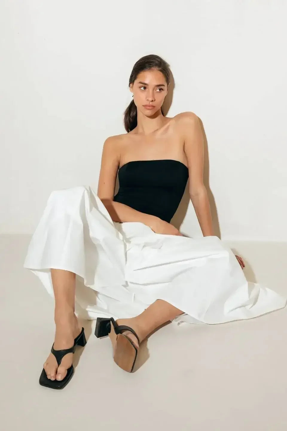 SHIFT STUDIO BLACK & WHITE STRAPLESS MIDI DRESS