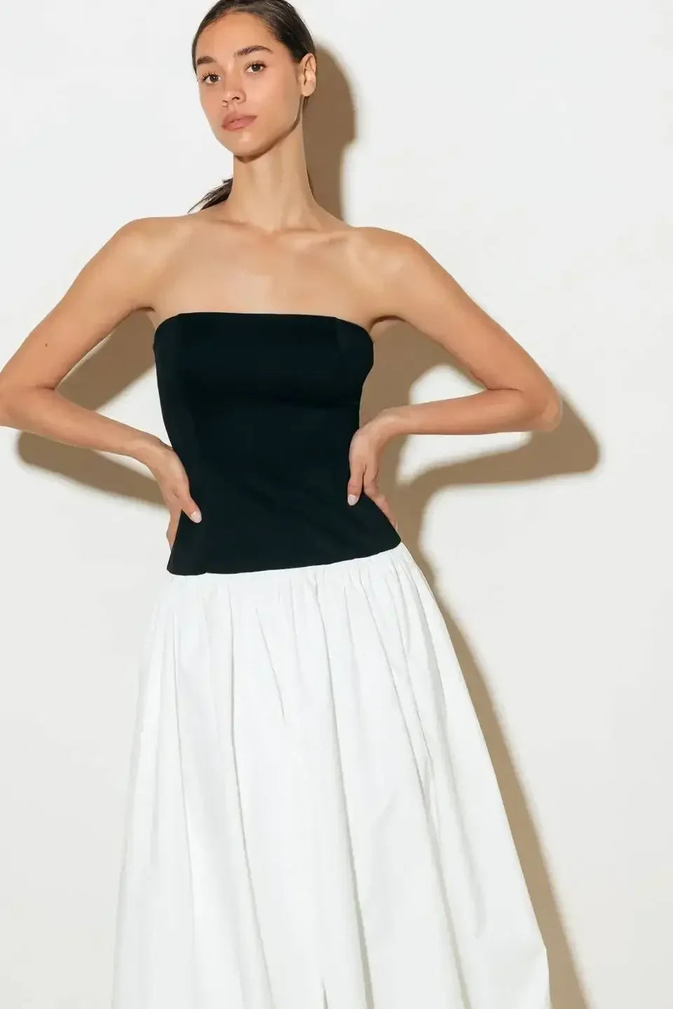 SHIFT STUDIO BLACK & WHITE STRAPLESS MIDI DRESS