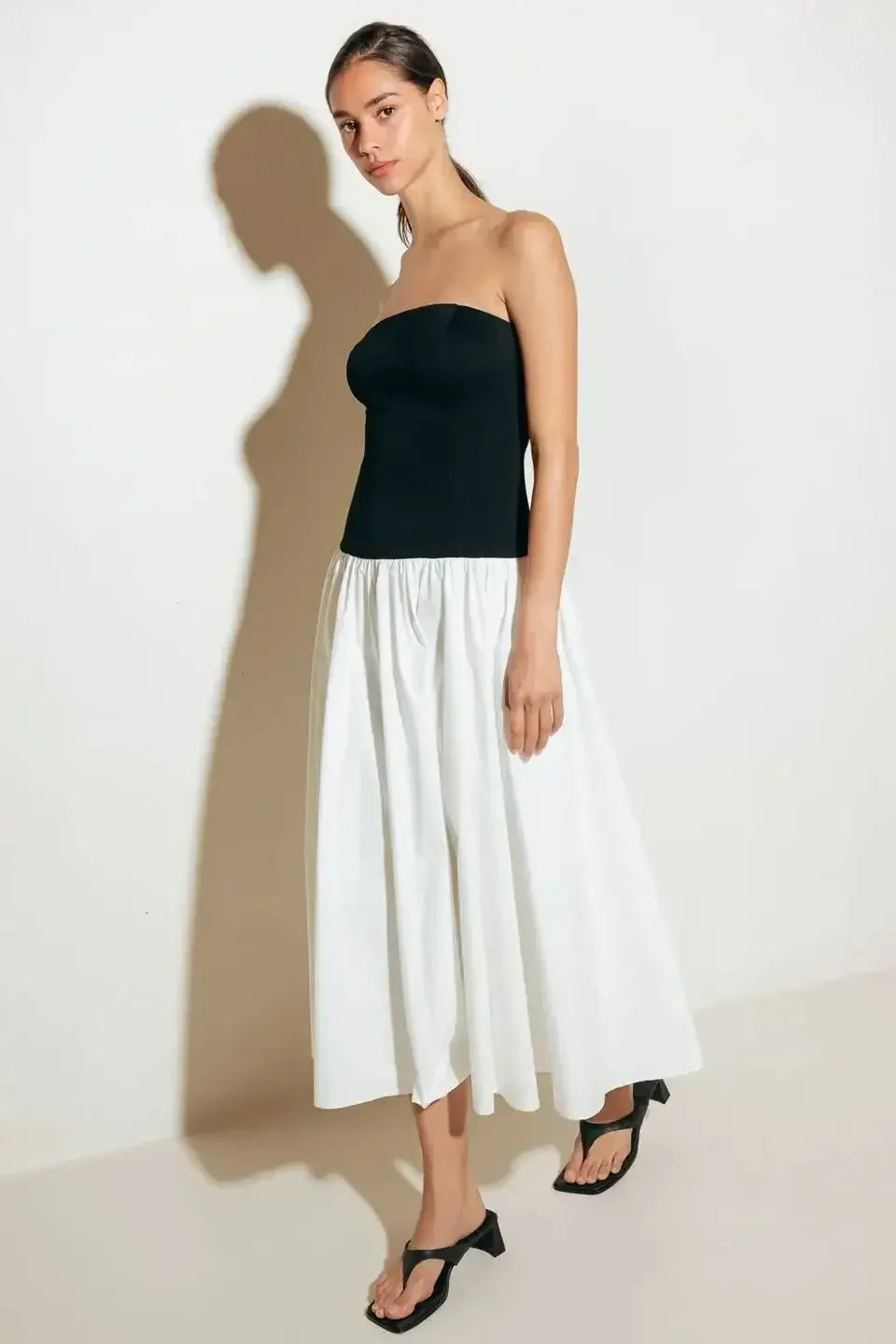 SHIFT STUDIO BLACK & WHITE STRAPLESS MIDI DRESS