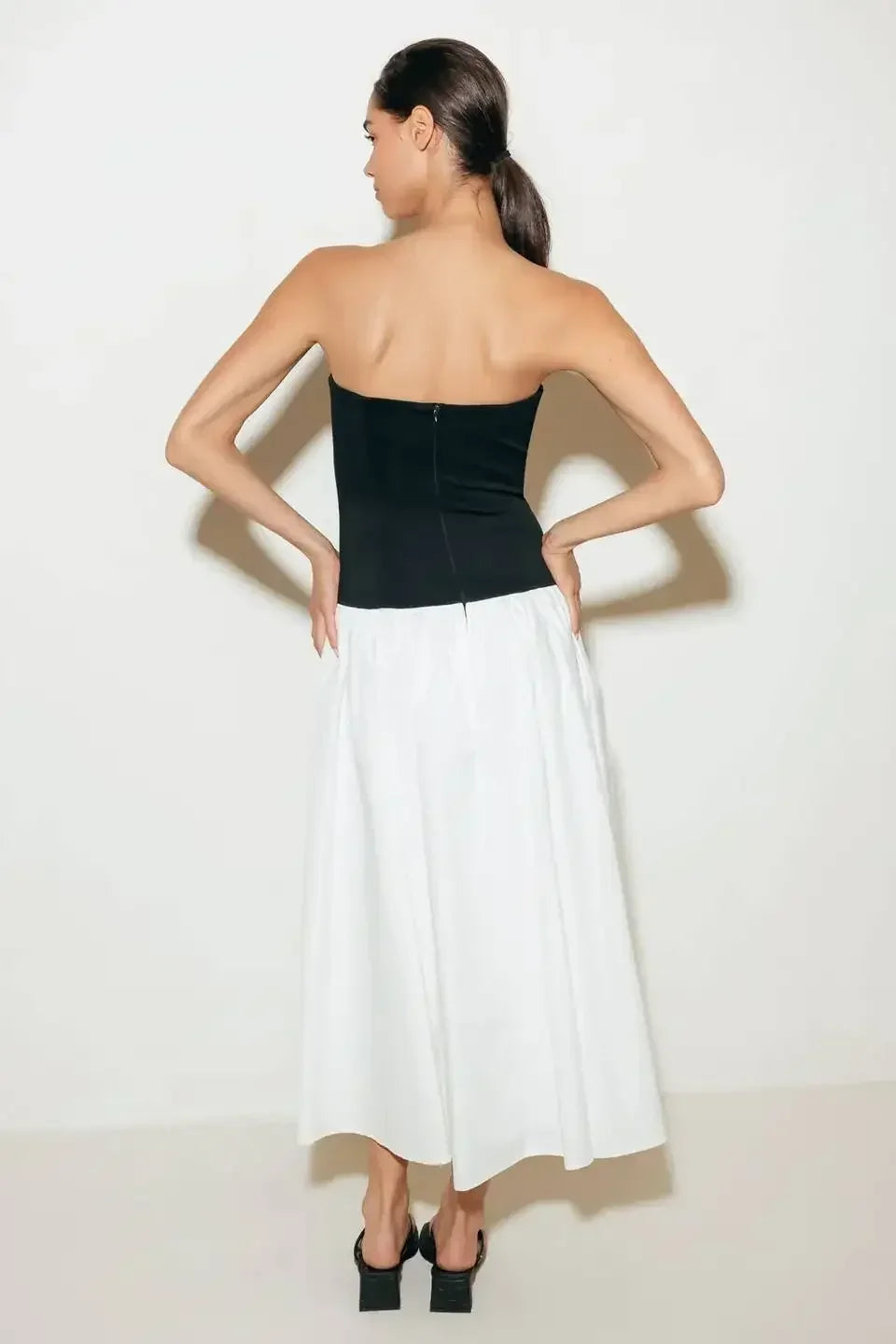 SHIFT STUDIO BLACK & WHITE STRAPLESS MIDI DRESS