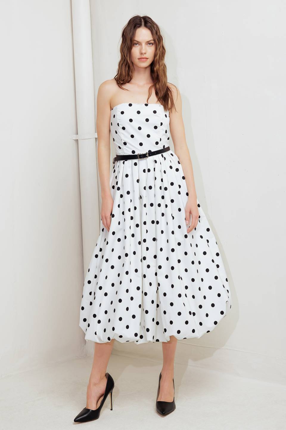 WHITE & BLACK POLKA DOT BUBBLE HEM MIDI DRESS