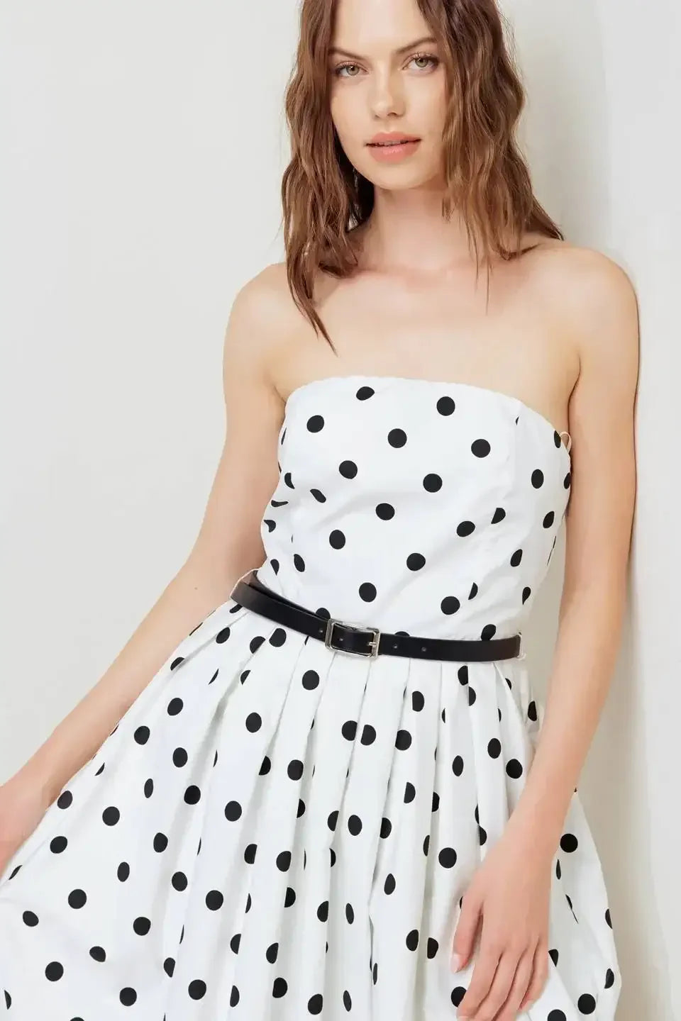 WHITE & BLACK POLKA DOT BUBBLE HEM MIDI DRESS