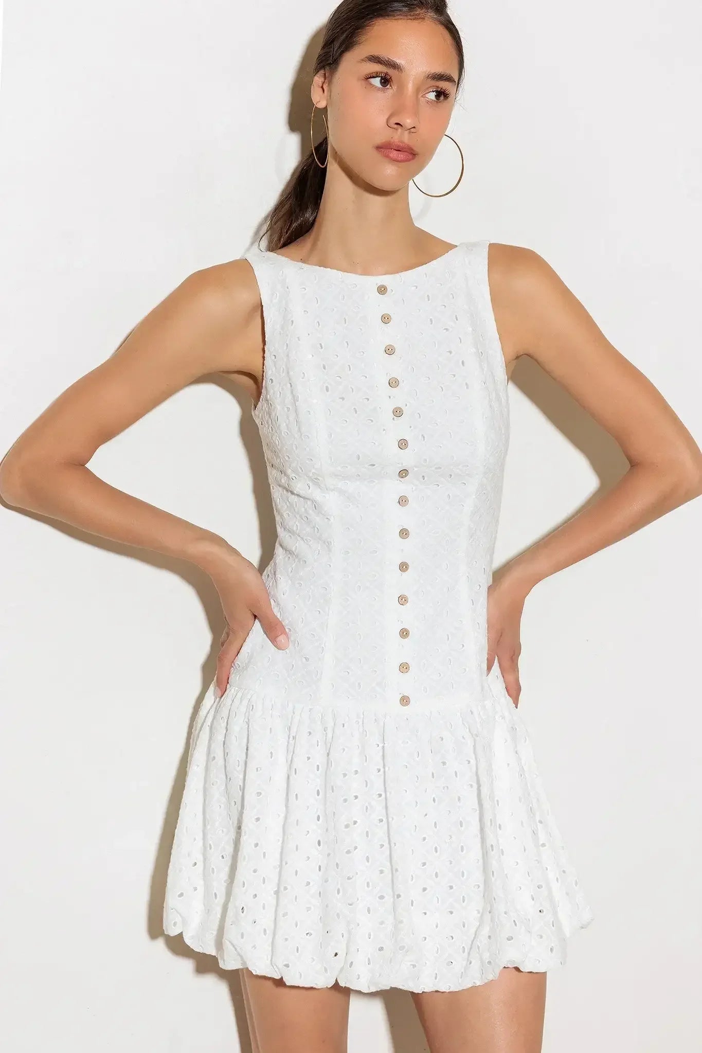 AT FIRST GLANCE WHITE EYELET MINI DRESS