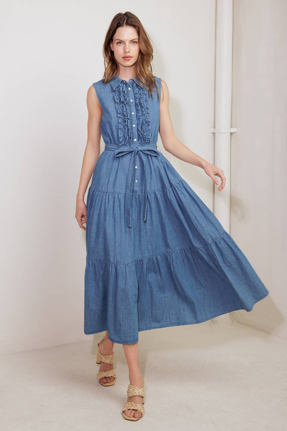 Sundrenched Ruffle Denim Midi Dress – Lady Black Tie