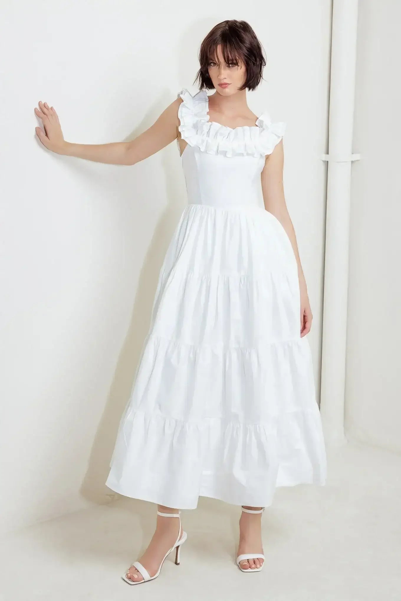 ROMA RUFFLED MIDI DRESS - WHITE