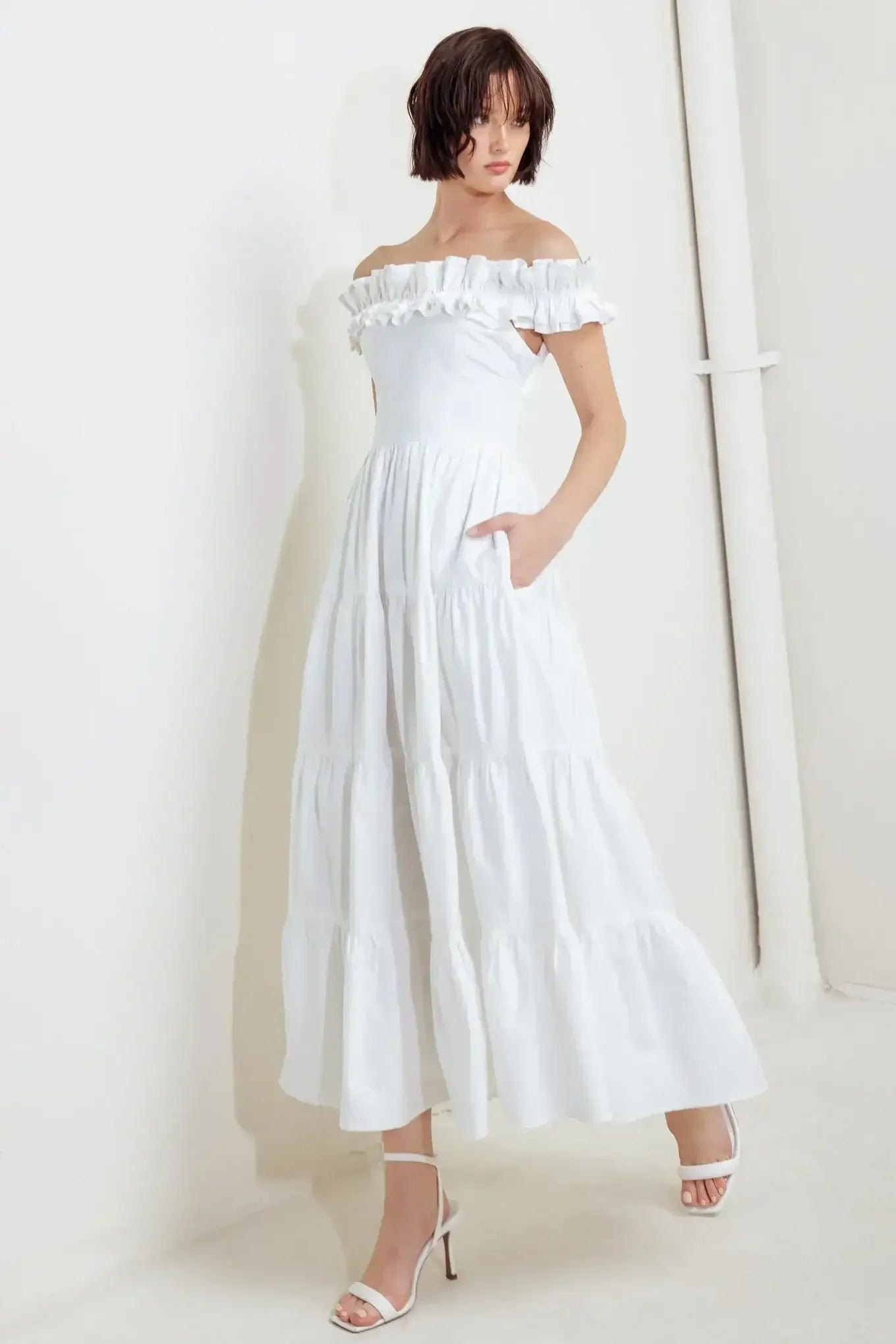 ROMA RUFFLED MIDI DRESS - WHITE