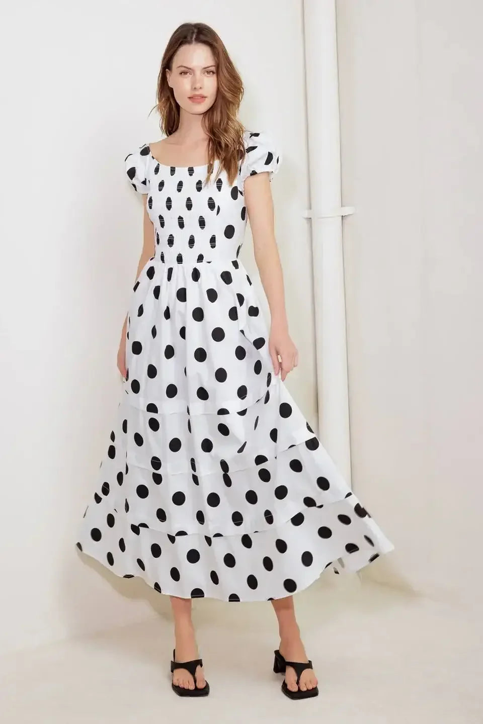 SHORT SLEEVE WHITE & BLACK POLKA DOT MIDI DRESS
