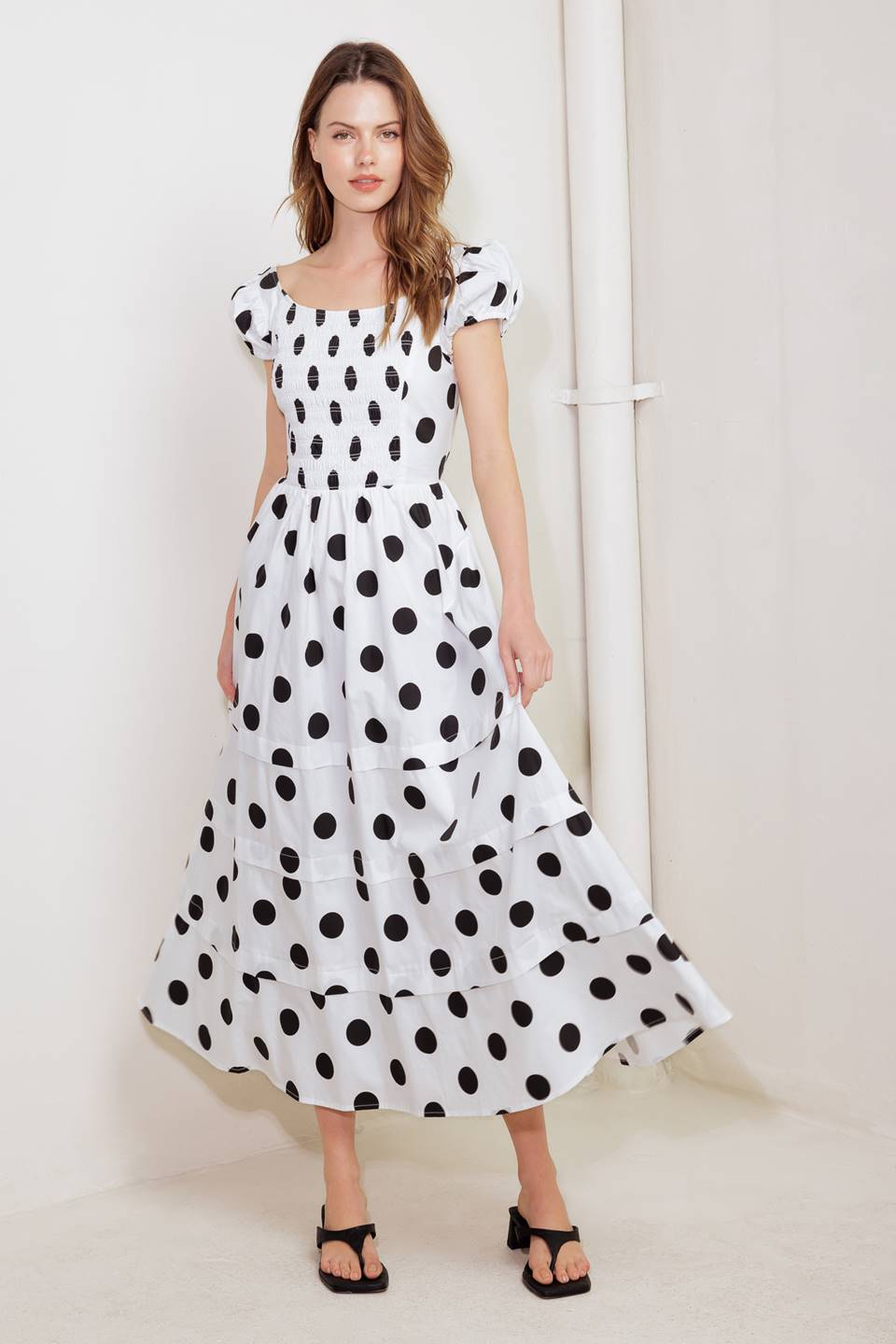 SHORT SLEEVE WHITE & BLACK POLKA DOT MIDI DRESS