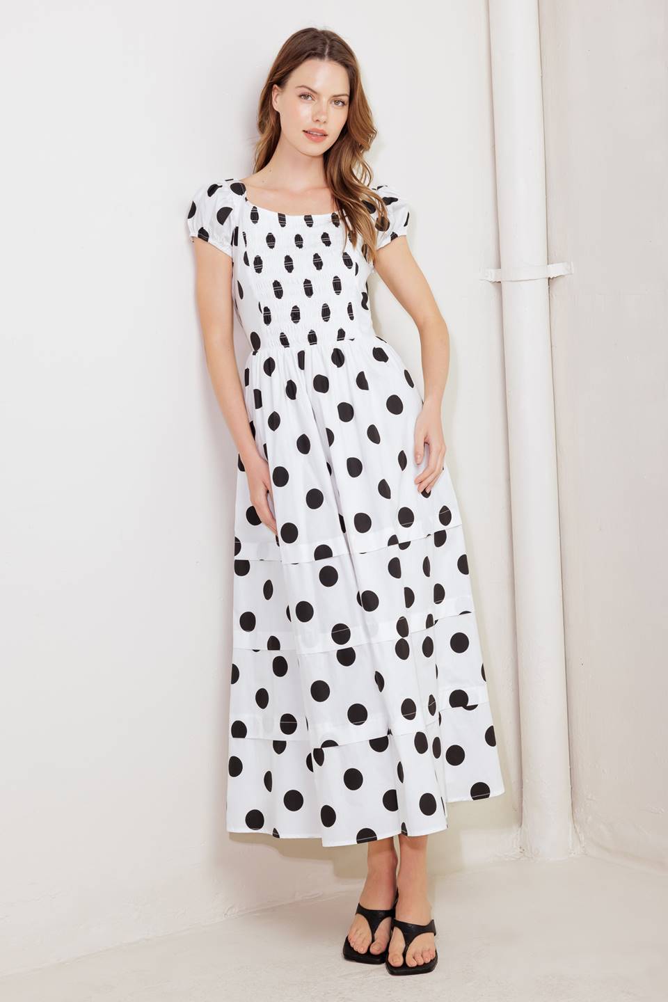 SHORT SLEEVE WHITE & BLACK POLKA DOT MIDI DRESS
