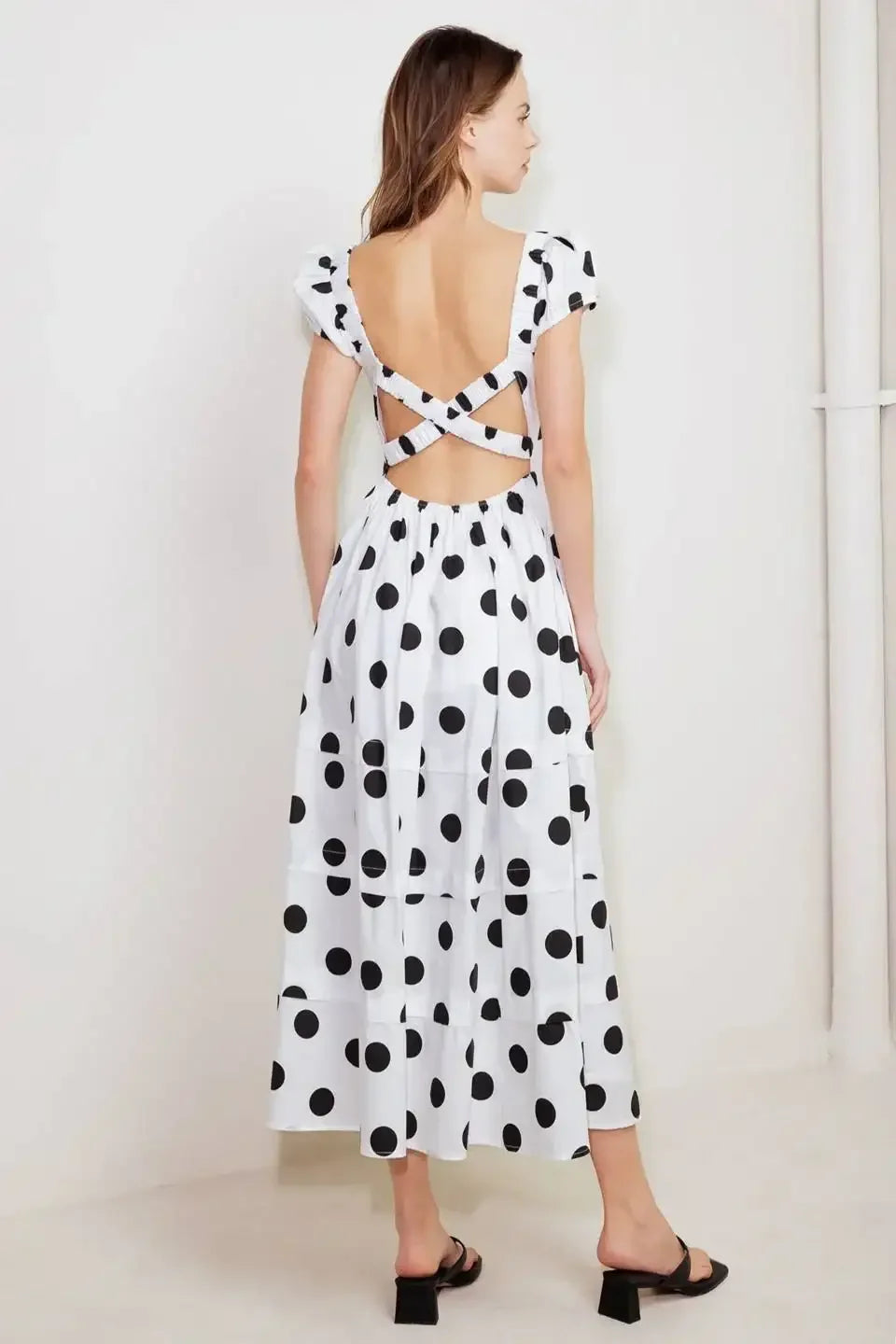 SHORT SLEEVE WHITE & BLACK POLKA DOT MIDI DRESS