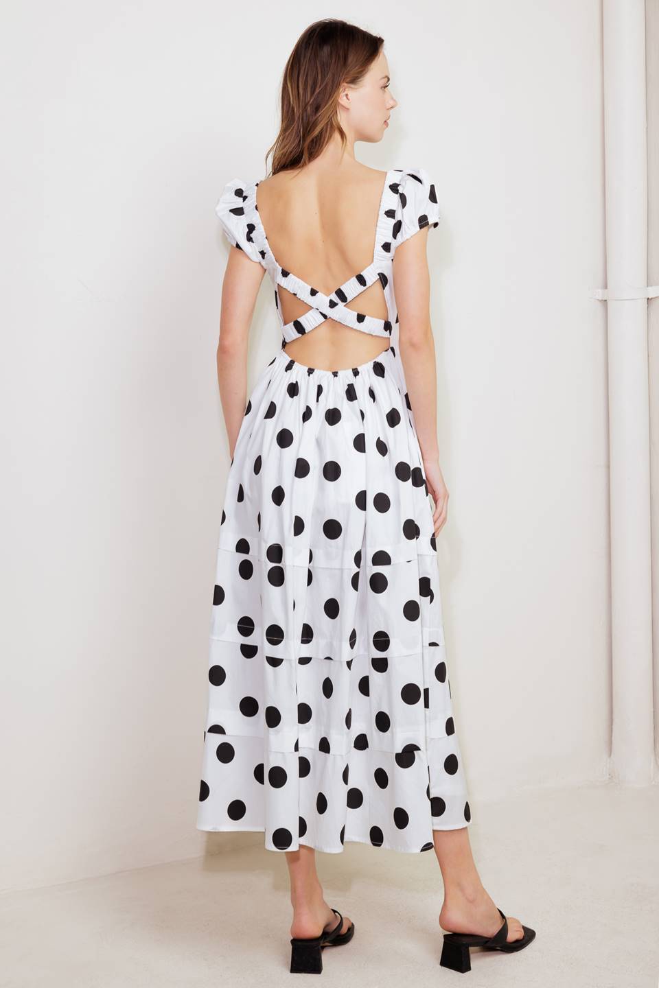 SHORT SLEEVE WHITE & BLACK POLKA DOT MIDI DRESS