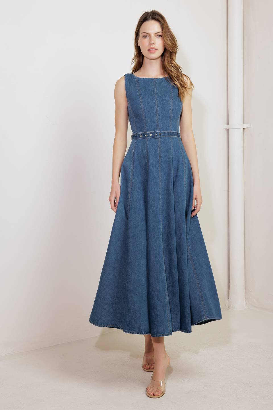 LETTIE DENIM MIDI DRESS - Washed Denim Midi Dress with Boat Neckline