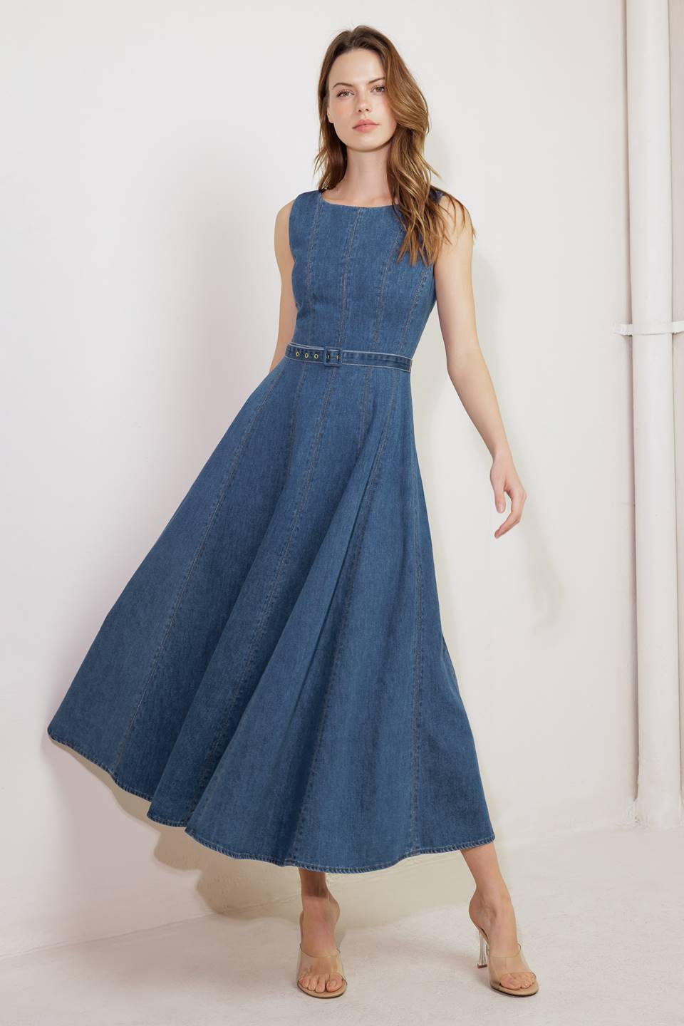 LETTIE DENIM MIDI DRESS - Washed Denim Midi Dress with Boat Neckline