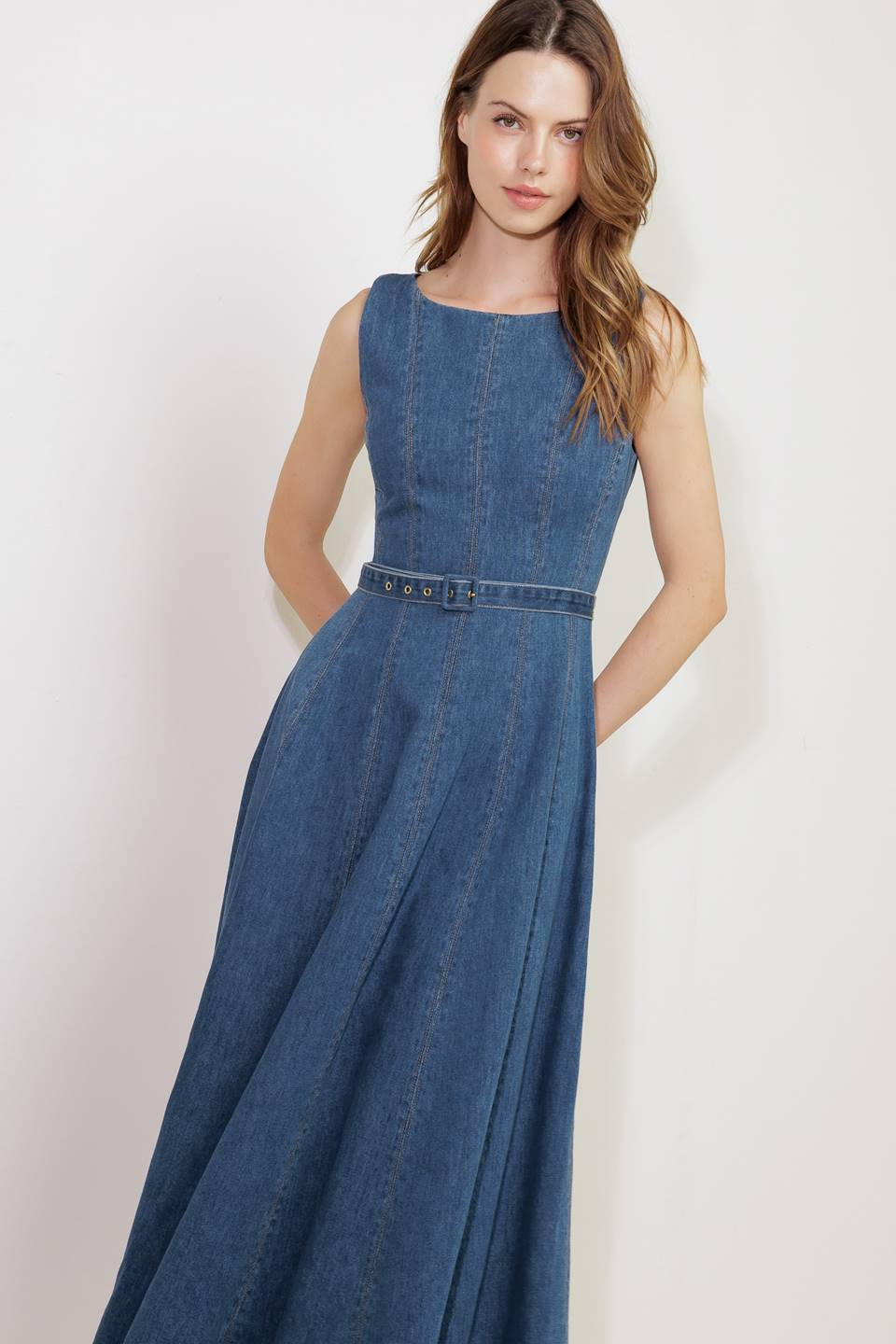 LETTIE DENIM MIDI DRESS - Washed Denim Midi Dress with Boat Neckline
