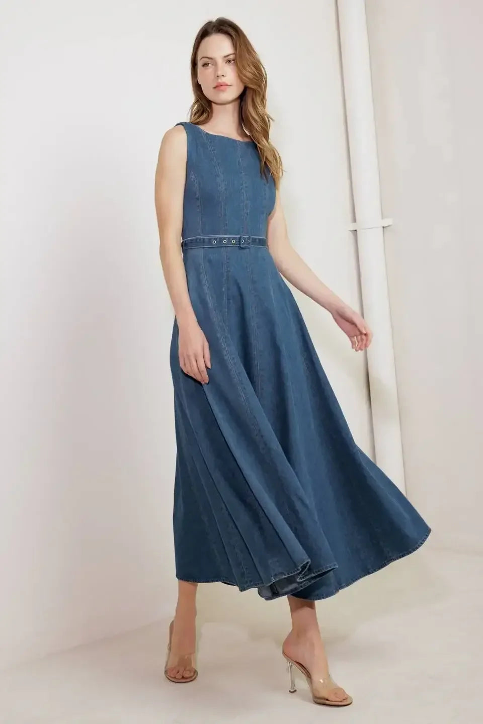LETTIE DENIM MIDI DRESS - Washed Denim Midi Dress with Boat Neckline