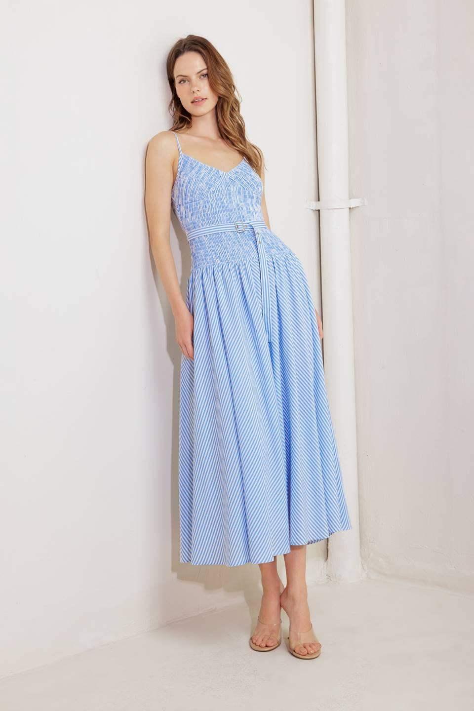 JOURNI STRIPED MIDI DRESS - BLUE & WHITE