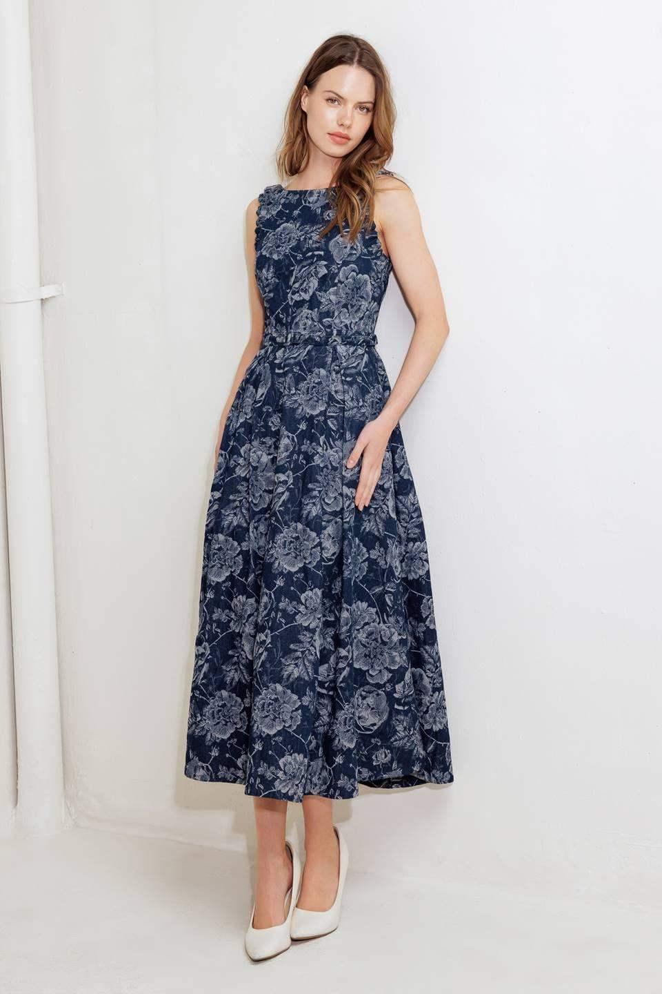 Rose Denim Midi Dress – Jacquard Woven Sleeveless Denim